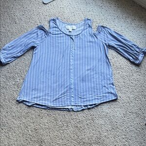 French Laundry Light Blue Striped Cold-Shoulder Button Front Top